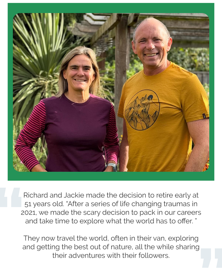 Richard and Jackie together outdoors. Text explains their early retirement and travel adventures sharing nature experiences.