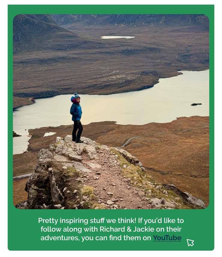 Person standing on a rocky viewpoint above a lake. Text invites following Richard and Jackie on YouTube.
