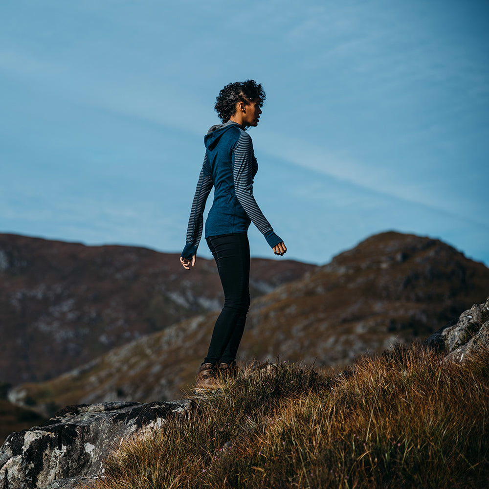 Isobaa | Womens Merino 200 Zip Neck Hoodie (Stripe Petrol/Charcoal) | The ultimate 200gm Merino wool hoodie. | Model: Micah