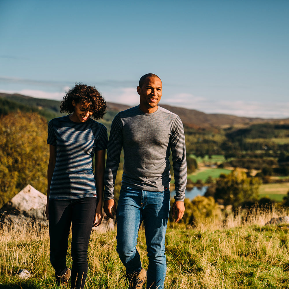 Isobaa | Womens Merino 150 Short Sleeve Crew (Stripe Petrol/Charcoal) | Gear up for performance and comfort with Isobaa's technical Merino short-sleeved top. | Model: Micah