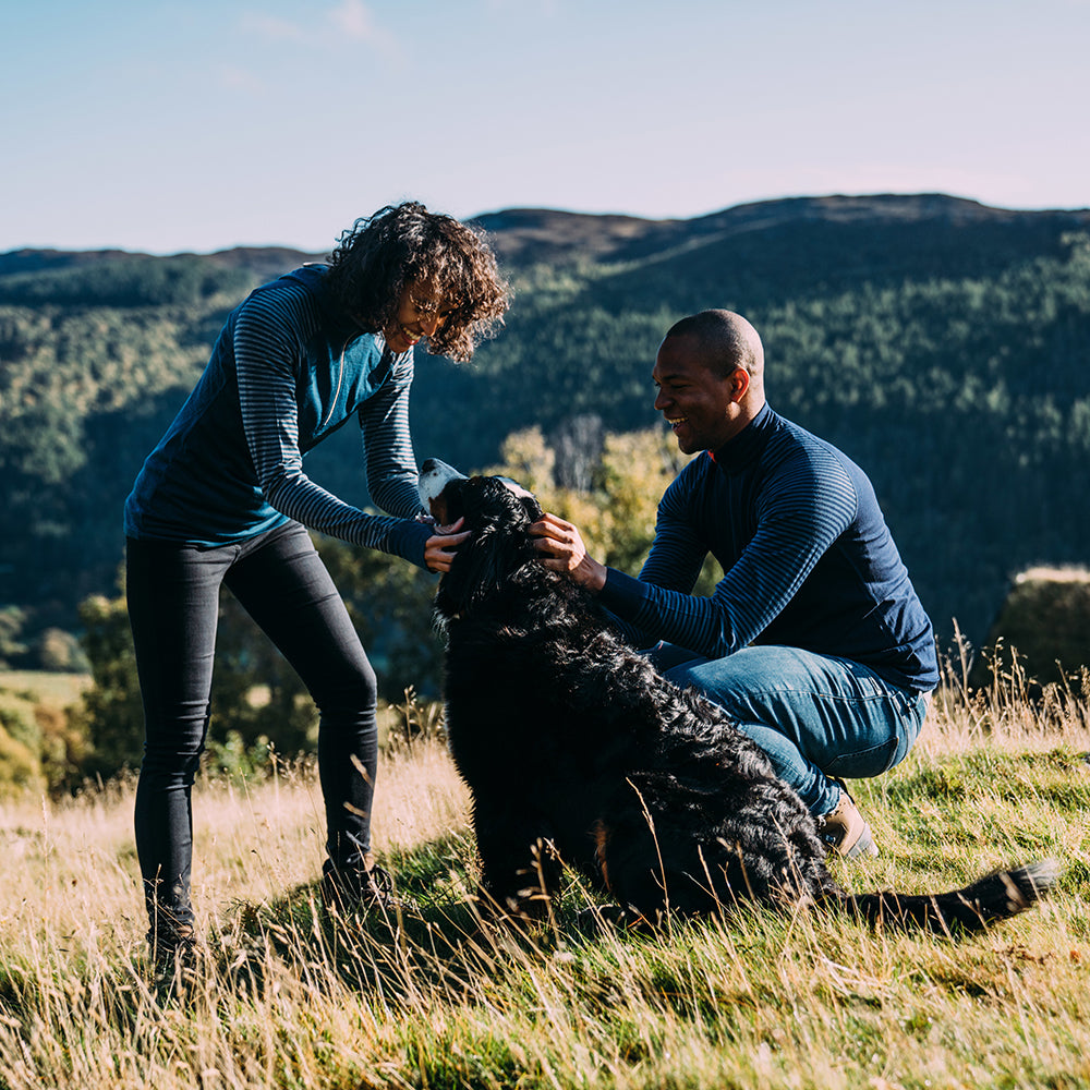 Isobaa | Mens Merino 200 Long Sleeve Zip Neck (Stripe Navy/Denim) | Experience the best of 200gm Merino wool with this ultimate half-zip top – your go-to for challenging hikes, chilly bike commutes, post-workout layering, and unpredictable weather. | Model: Edirin