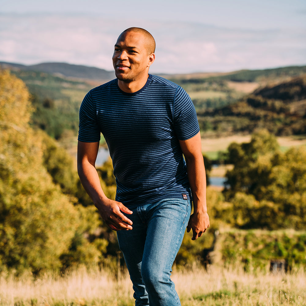 Isobaa | Mens Merino 150 Short Sleeve Crew (Stripe Navy/Denim) | Gear up for performance and comfort with Isobaa's technical Merino short-sleeved top. | Model: Edirin
