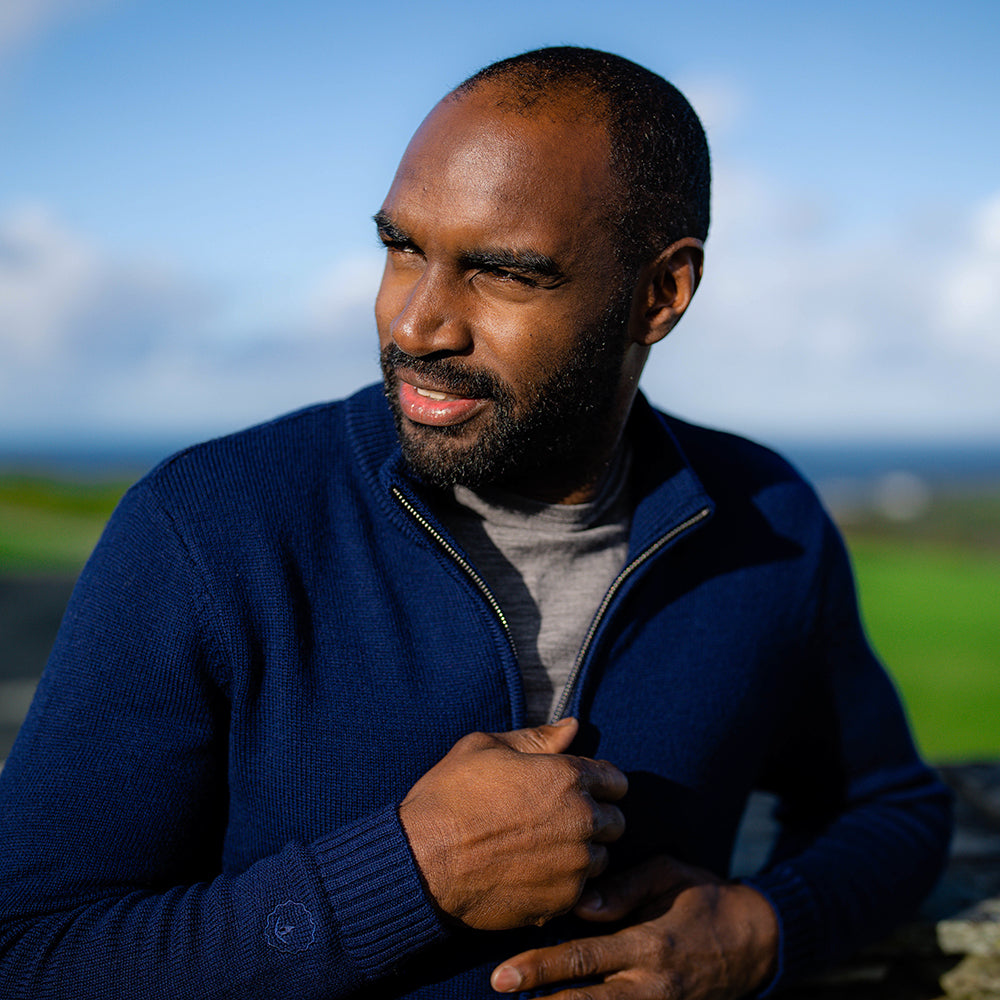 Isobaa | Mens Merino Zip Sweater (Navy) | Discover exceptional warmth, comfort, and everyday versatility with our extrafine Merino wool sweater. | Model: Michael