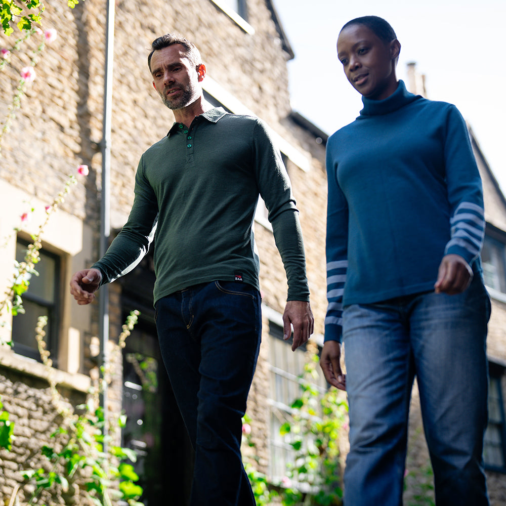Isobaa | Mens Merino 200 Long Sleeve Polo Shirt (Forest/Green) | Discover unmatched comfort with our 200gm Merino wool polo. | Model: Ben