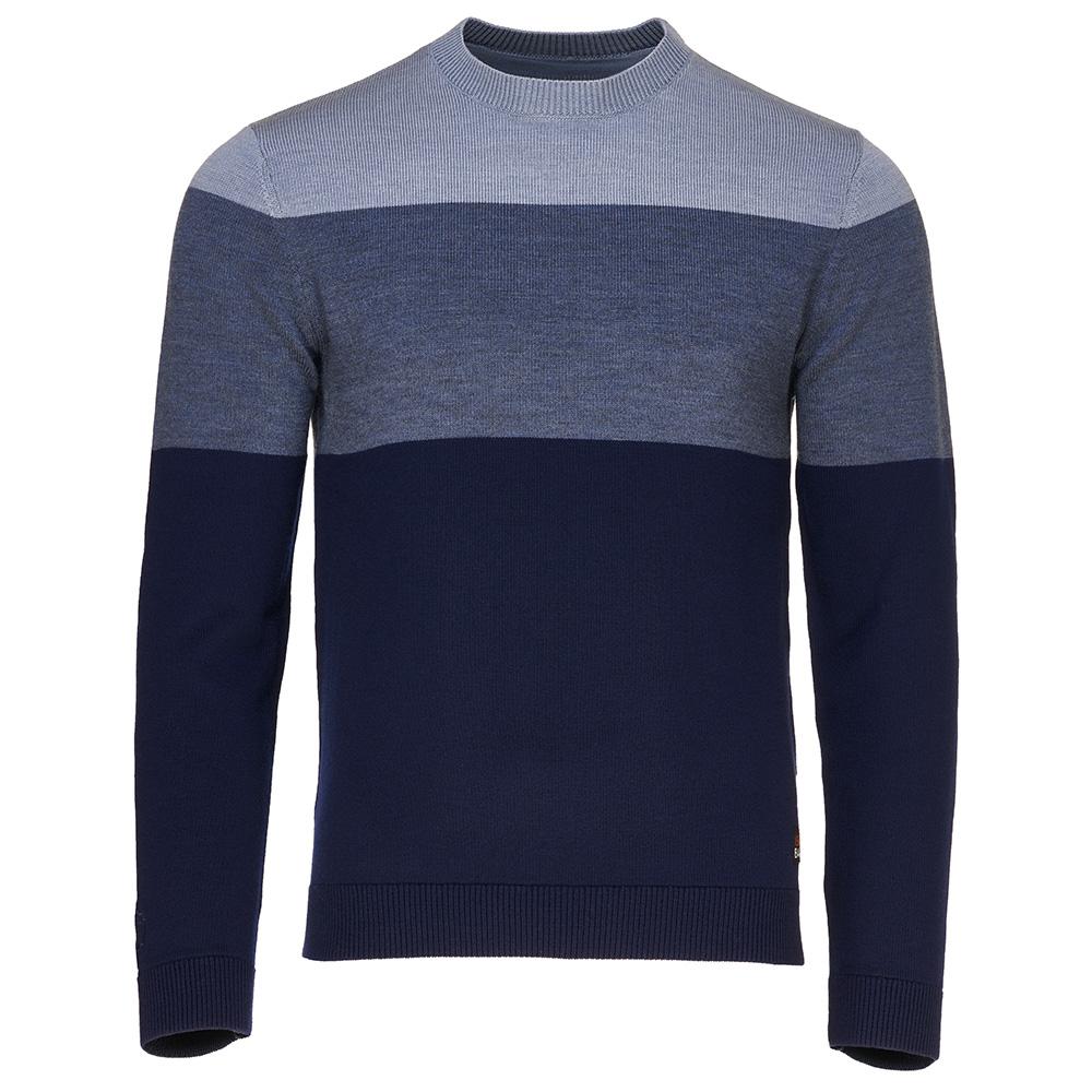 Isobaa | Mens Merino Block Stripe Sweater (Navy/Denim/Sky) | Discover effortless style and exceptional comfort with our extrafine 9-gauge Merino wool crew neck sweater.