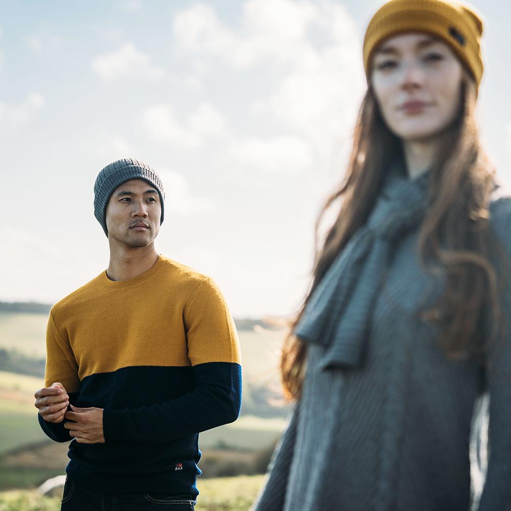 Isobaa | Mens Merino Honeycomb Sweater (Navy/Mustard) | The perfect blend of function and elegance in our extrafine 12-gauge Merino wool crew neck sweater. | Model: Donald