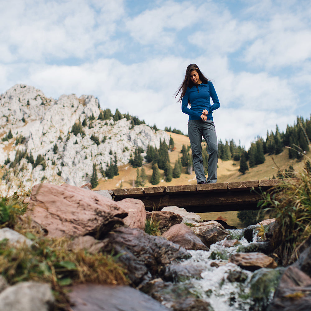 Isobaa | Womens Merino 200 Zip Neck Hoodie (Blue) | The ultimate 200gm Merino wool hoodie. | Model: Jess