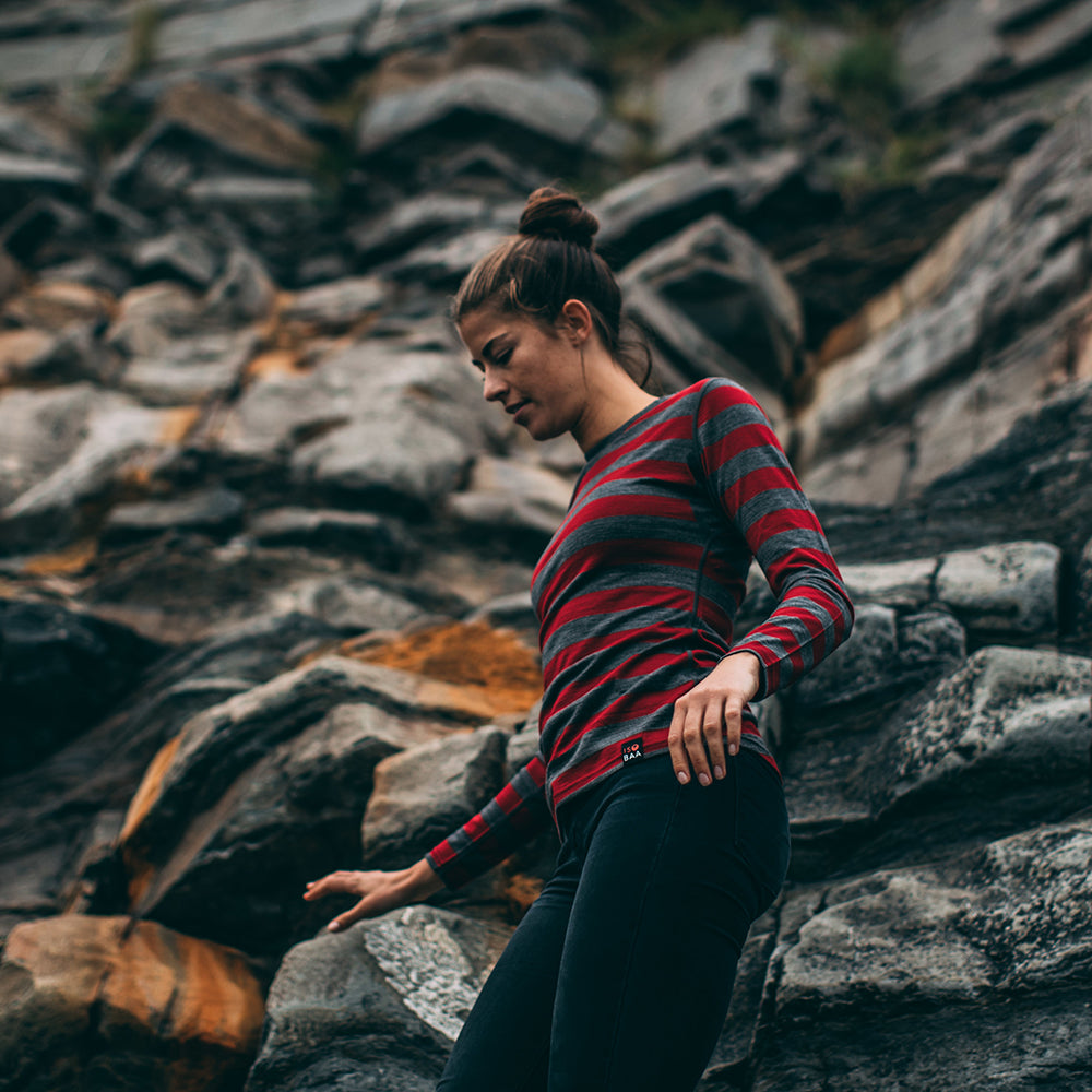 Isobaa | Womens Merino 180 Long Sleeve Crew (Smoke/Red) | Get outdoors with the ultimate Merino wool long-sleeve top. | Model: Jess