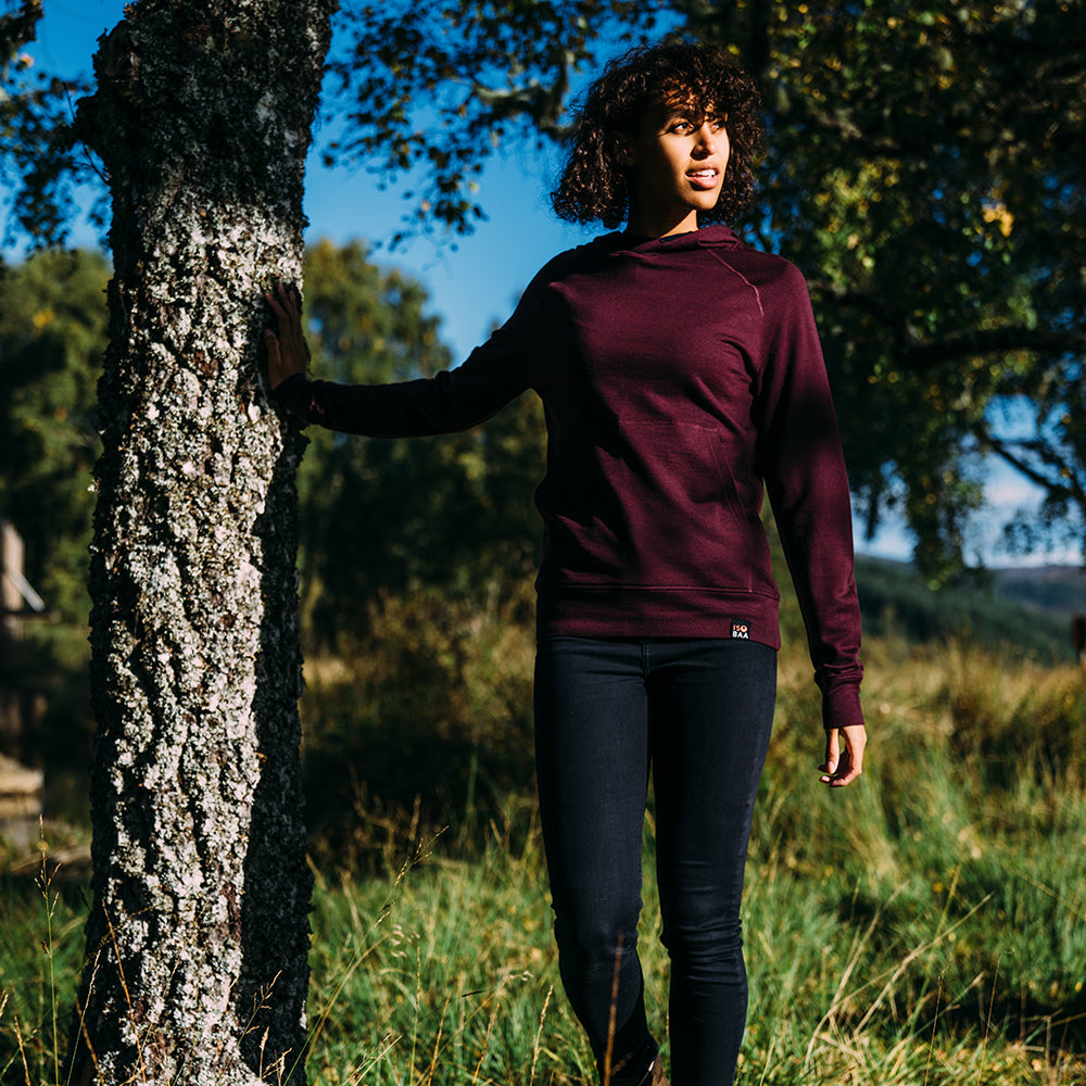 Isobaa | Womens Merino 260 Lounge Hoodie (Wine/Navy) | Experience the best in comfort and performance with our midweight 260gm Merino wool pullover hoodie. | Model: Micah