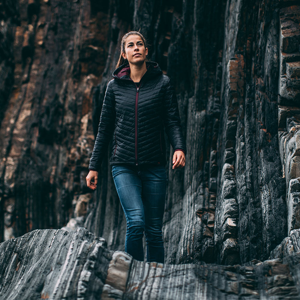 Isobaa | Womens Merino Wool Insulated Jacket (Black/Wine) | Innovative and sustainable design with our Merino jacket. | Model: Jess
