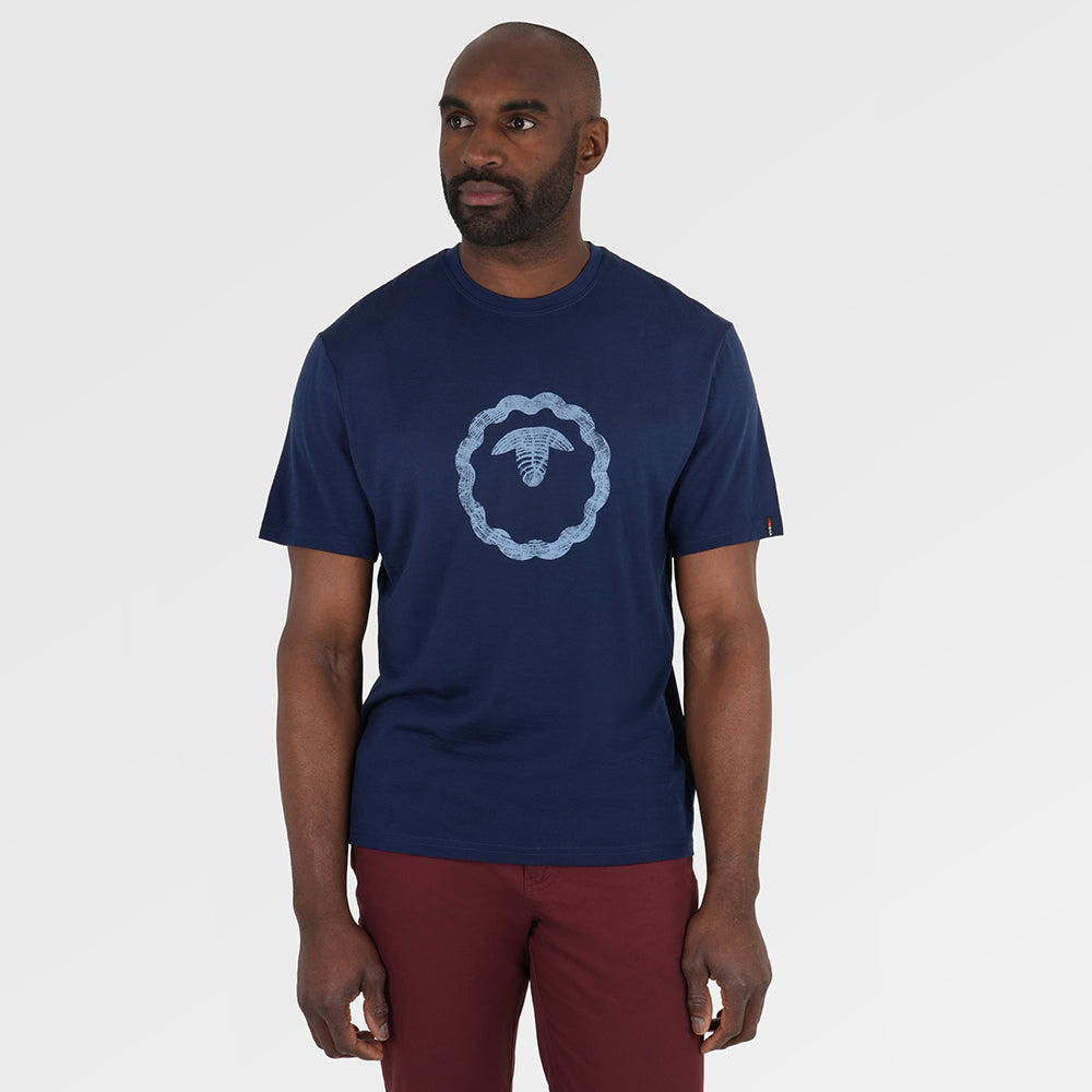 Mens Merino 150 Emblem Relaxed Tee (Navy/Sky) | Model: Michael