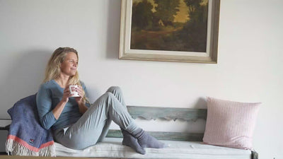 Isobaa | Womens Merino Blend 160 PJ Henley (Ocean Melange) | Embrace effortless comfort with Isobaa's Merino blend Henley. | align: 15% 80% | Model: Amy