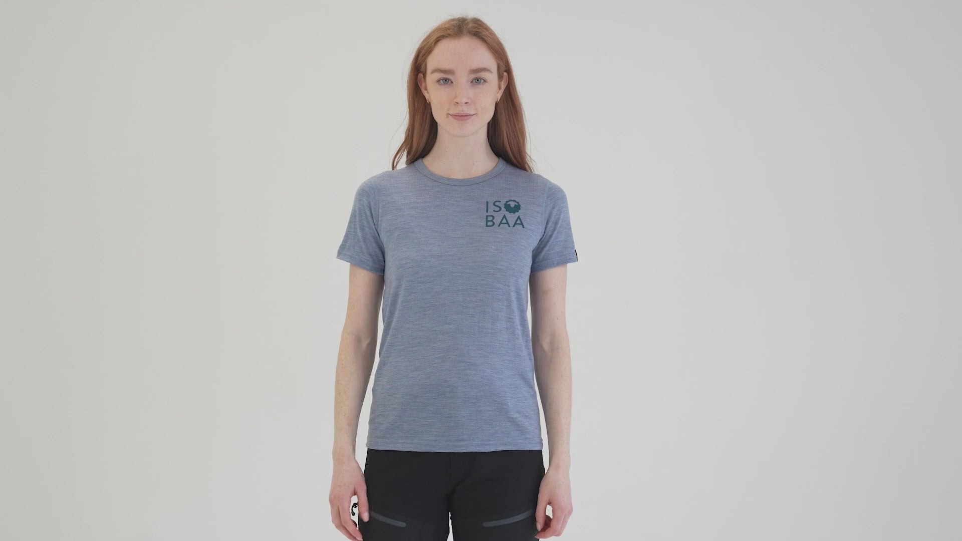 Womens Merino 150 Logo Tee (Sky) | align: 45% 50% | Model: Sophie