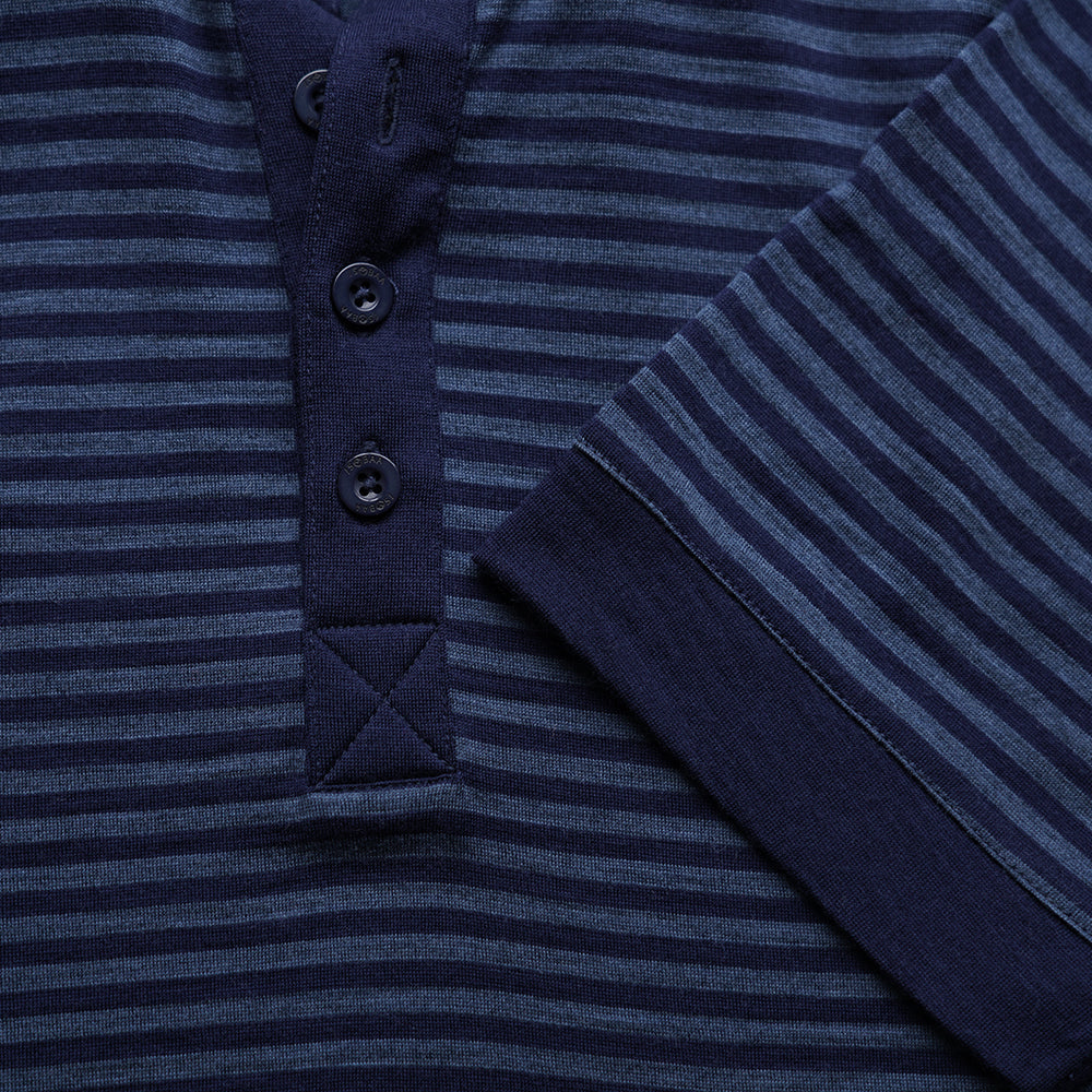 Isobaa | Mens Merino 180 Short Sleeve Polo Shirt (Stripe Navy/Denim) | The ultimate Merino wool polo  – perfect for weekend hikes, bike commutes, post-adventure coffee stops, office days, and everything in-between.