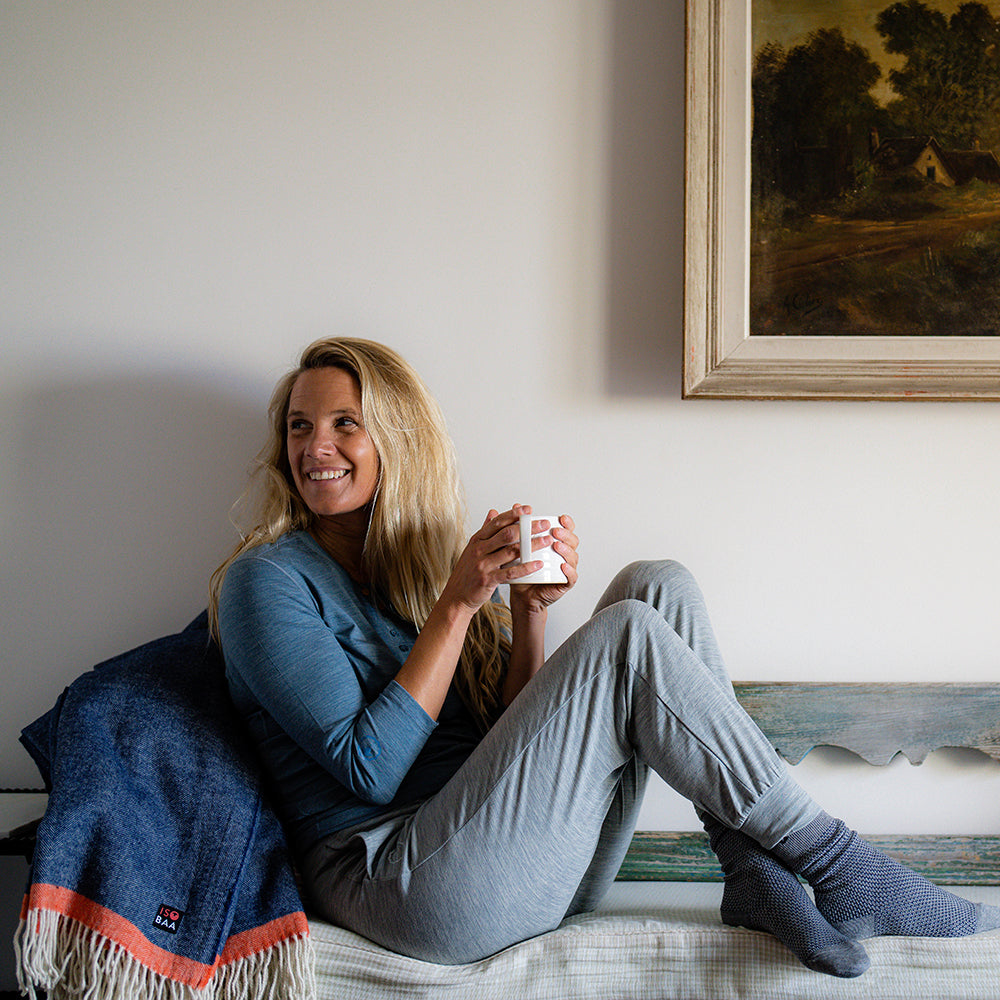 Isobaa | Womens Merino Blend 160 PJ Henley (Ocean Melange) | Embrace effortless comfort with Isobaa's Merino blend Henley. | Model: Amy