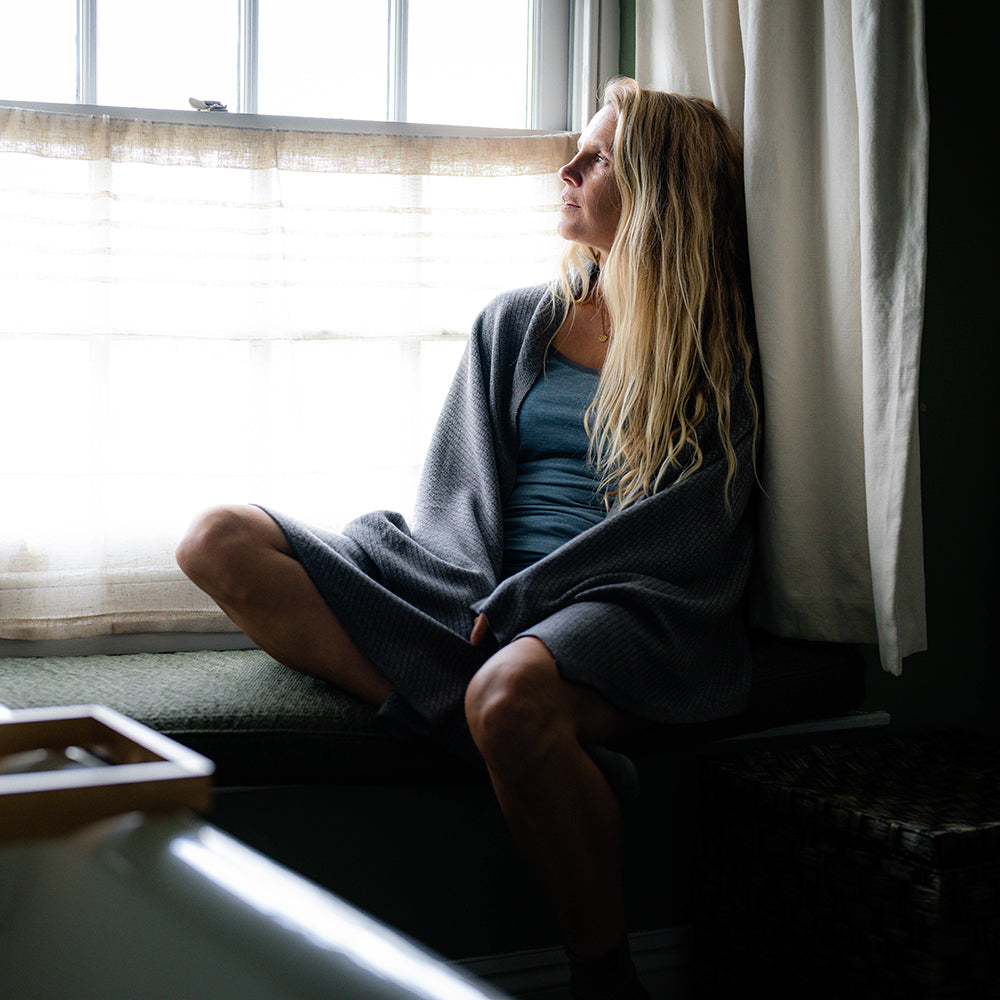 Isobaa | Womens Merino Blend 160 PJ Cami (Ocean Melange) | Indulge in cosy evenings and restful nights with Isobaa's Merino blend cami. | Model: Amy