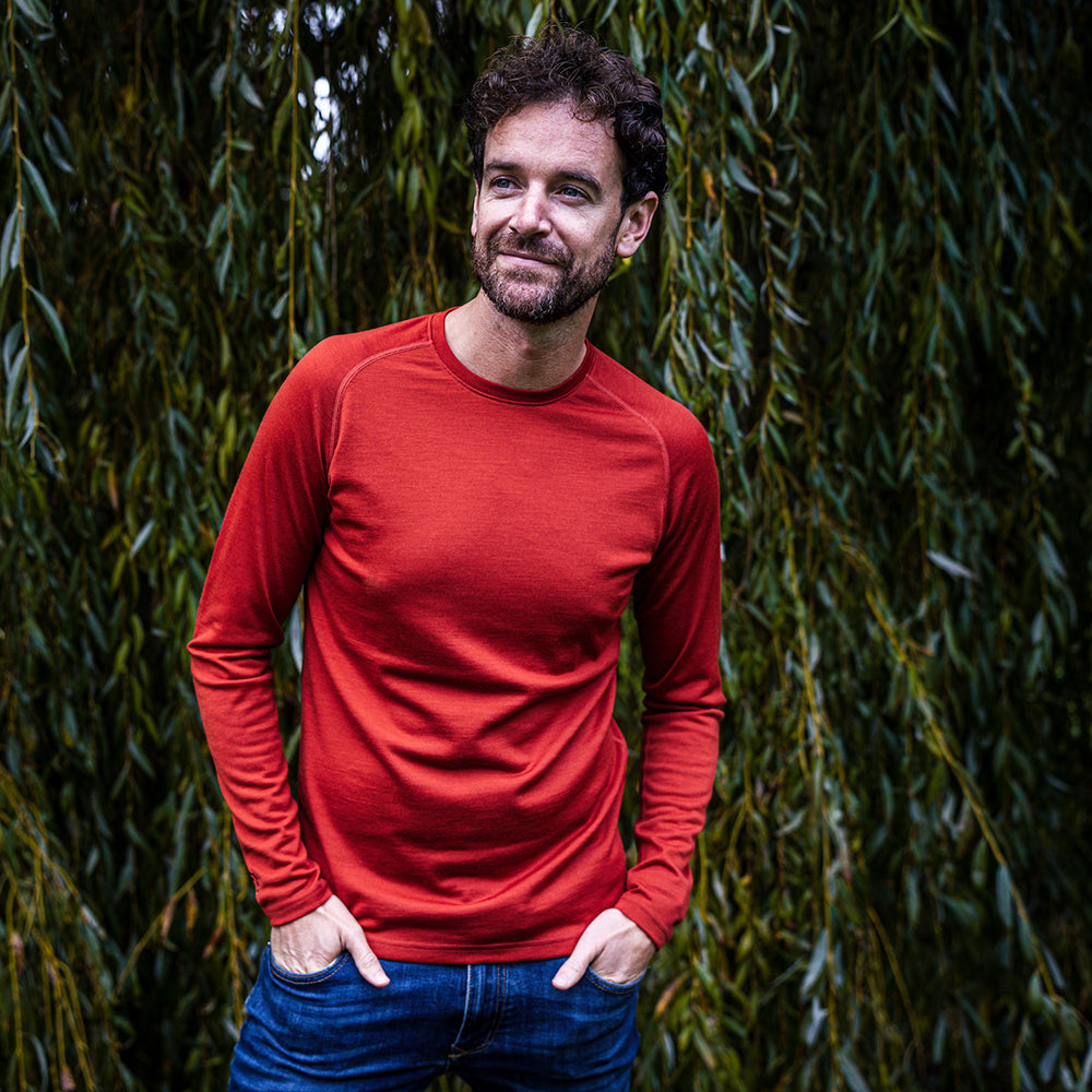Isobaa | Mens IsoSoft 180 Long Sleeve Crew (Burnt Orange) | The ultimate adventure top. | Model: Leighton