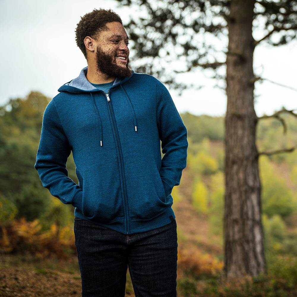 Isobaa | Mens LUX Hoodie (Petrol/Sky) | Discover the pinnacle of comfort with Isobaa's 100% Merino double-knit hoodie. | Model: Shaquille