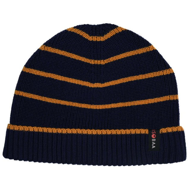 Isobaa | Merino Stripe Beanie (Navy/Mustard) | Wrap yourself in cosy warmth with Isobaa's Merino beanie.