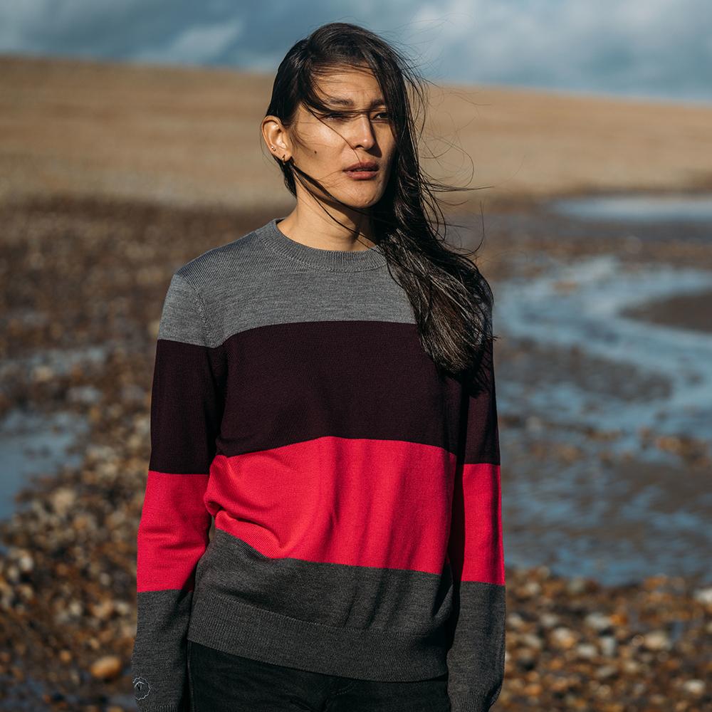 Isobaa | Womens Merino Block Stripe Sweater (Charcoal/Wine/Fuchsia/Smoke) | Discover effortless style and exceptional comfort with our  extrafine 9-gauge Merino wool crew neck sweater. | Model: Jessica