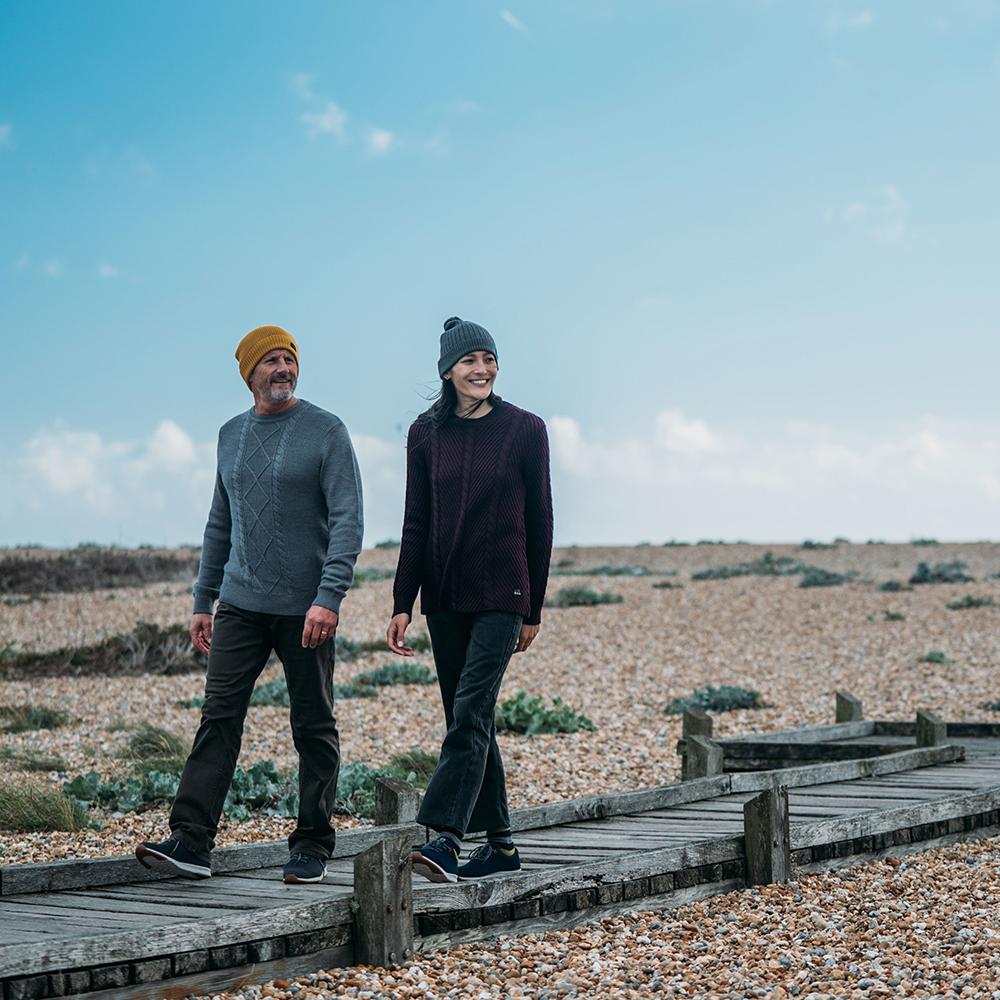 Isobaa | Womens Merino Cable Sweater (Wine) | Experience timeless style and outdoor-ready performance with our Merino wool crew neck sweater. | Model: Jessica