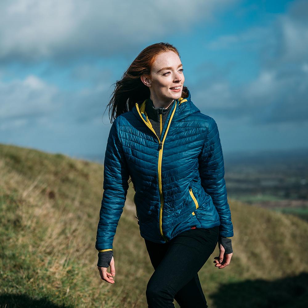 Isobaa | Womens Merino Wool Insulated Jacket (Petrol/Lime) | Innovative and sustainable design with our Merino jacket. | Model: Sophie
