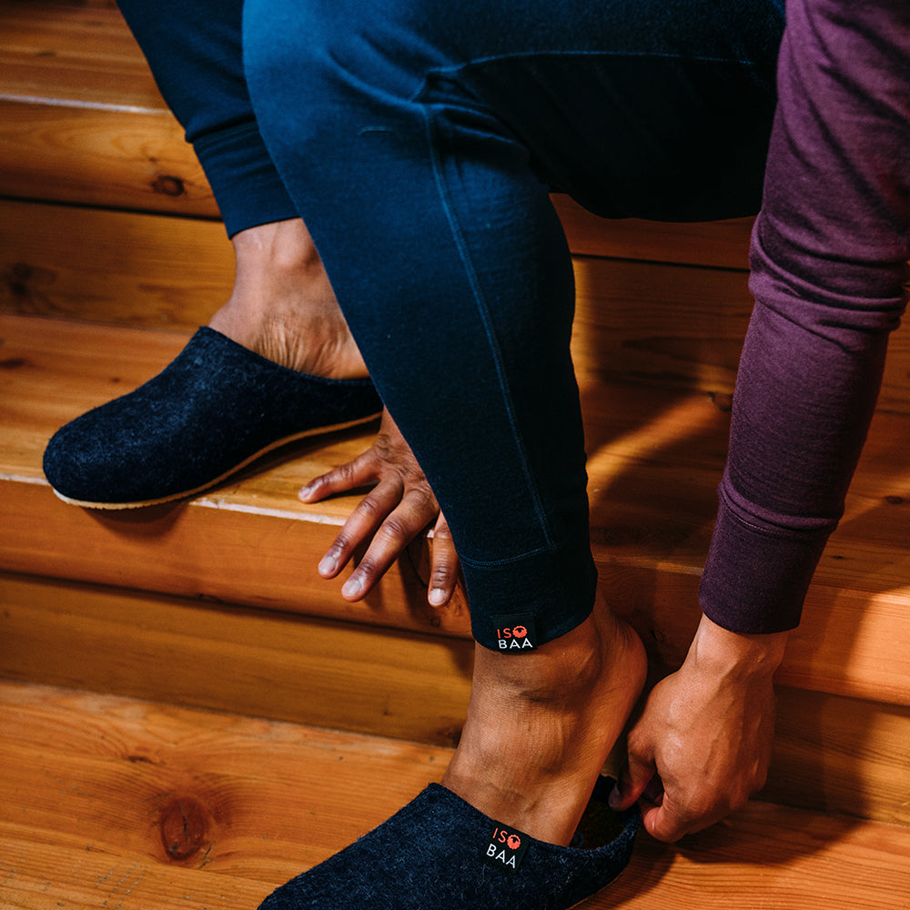 Isobaa | Mens Merino 260 Lounge Cuffed Joggers (Navy/Smoke) | Discover unparalleled comfort and versatility with our luxurious 260gm Merino wool lounge joggers. | Model: Edirin