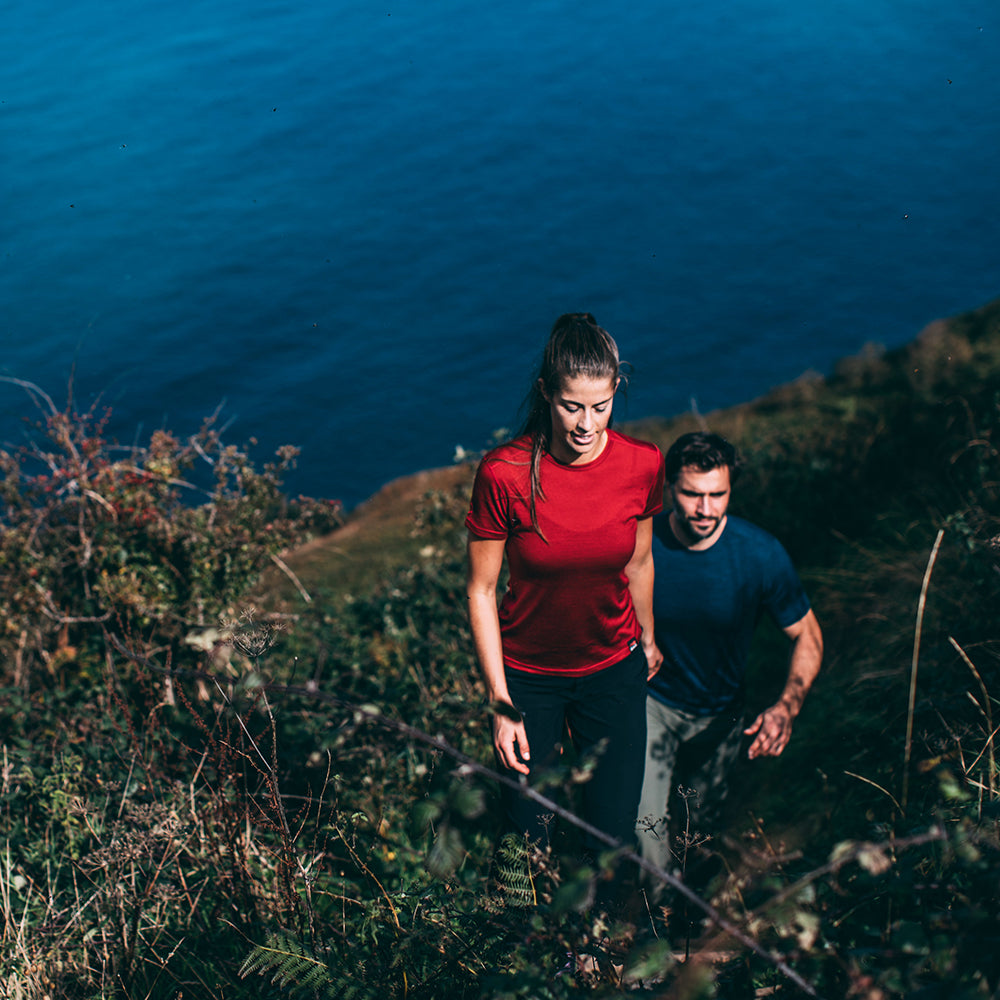 Isobaa | Womens Merino 150 Short Sleeve Crew (Red) | Gear up for performance and comfort with Isobaa's technical Merino short-sleeved top. | Model: Jess